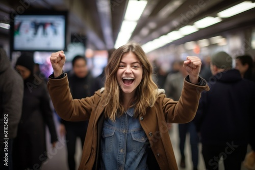 Environmental portrait photography of a glad girl in her 30s gesturing victory against a bustling subway station background. With generative AI technology © Markus Schröder