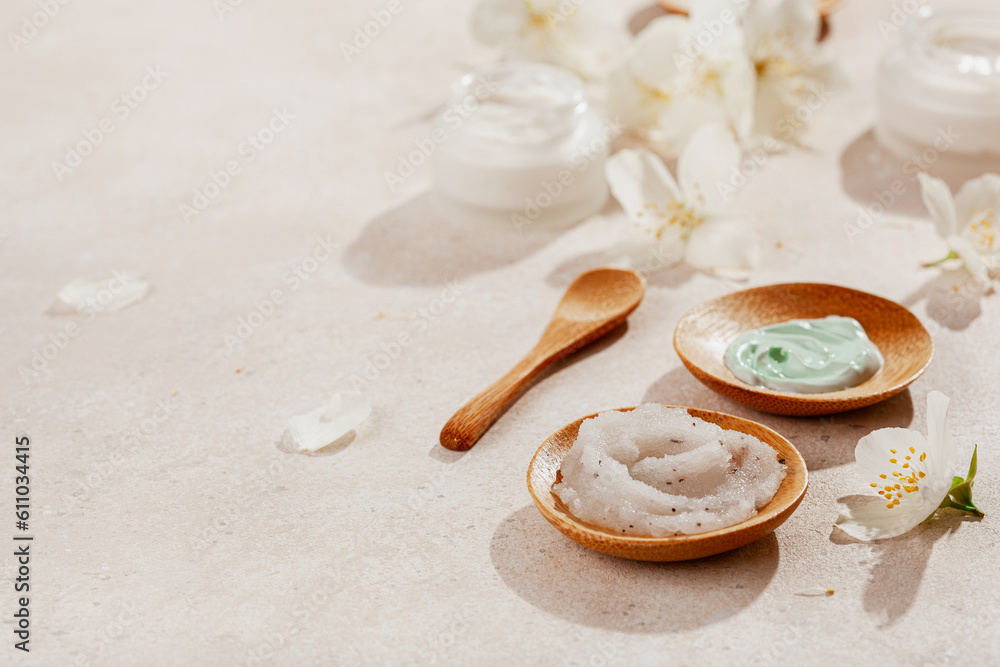 skincare products and jasmine flowers. natural cosmetics for home spa treatment skincare products and jasmine flowers. natural cosmetics for home spa treatment