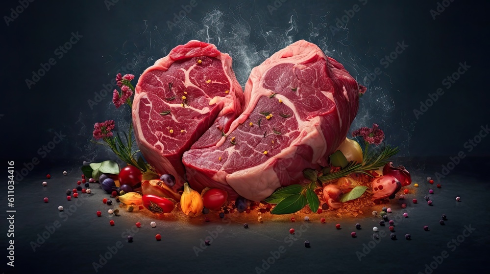 Heart shape raw dry aged beef rib steaks with rosemary, pepper and salt on dark background. Generative AI Heart shape raw dry aged beef rib steaks with rosemary, pepper and salt on dark background. Generative AI