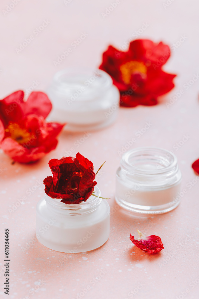 skincare products and dog rose flowers. natural cosmetics for home spa treatment skincare products and dog rose flowers. natural cosmetics for home spa treatment