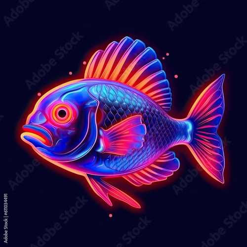 Cute Sea bream fish animal in neon style. Portrait of glow light animal. Generative AI