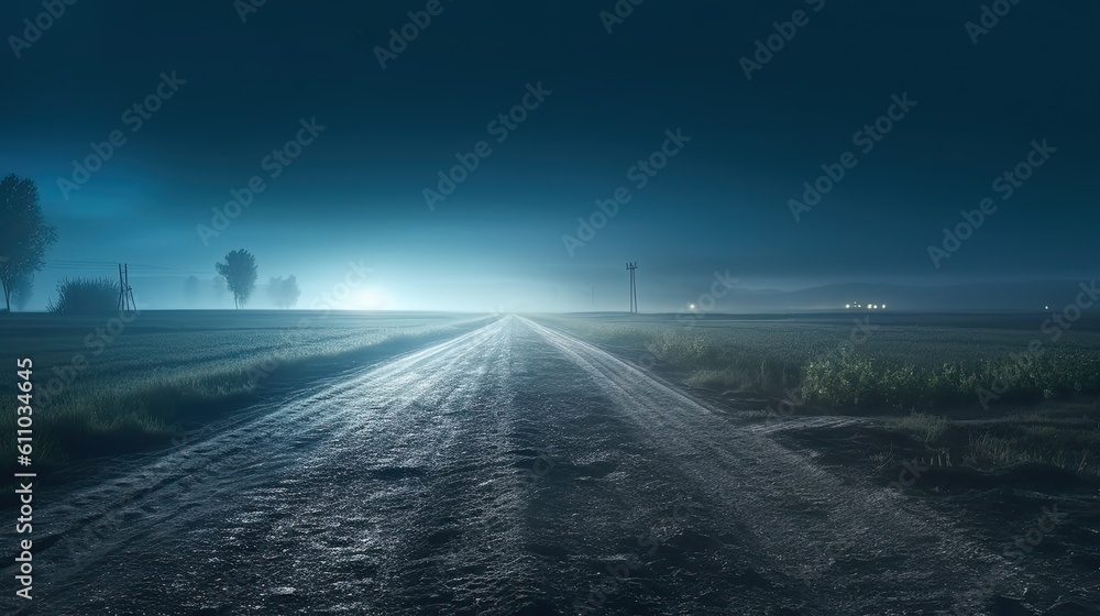 Panoramic view of the empty highway through the fields in a fog at twilight. Moonlight, clear sky. Generative AI