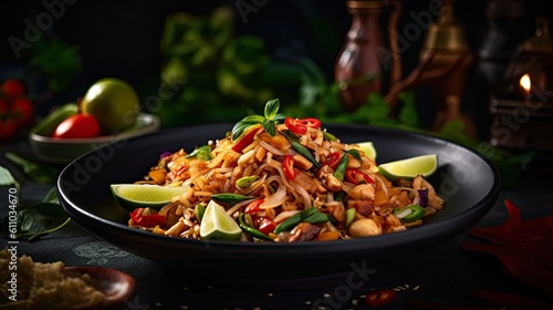 Pad Thai vegetarian meal on dark background. Generative AI © tanyastock