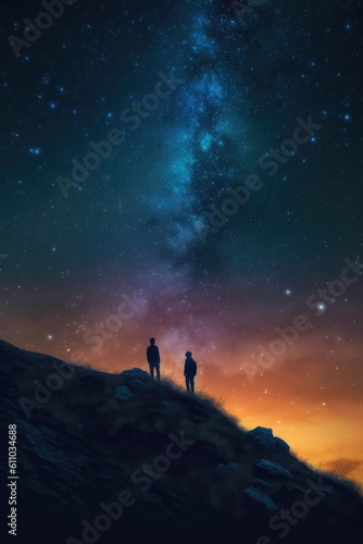 Dark silhouette of young couple hiker were standing at the top of the mountain looking at the stars. Generative AI