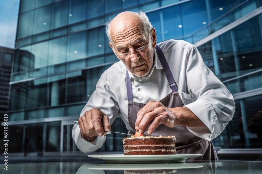 Conceptual portrait photography of a glad old man making a cake against a modern office building background. With generative AI technology Conceptual portrait photography of a glad old man making a cake against a modern office building background. With generative AI technology