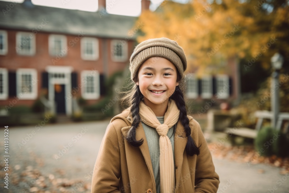 Full-length portrait photography of a satisfied kid female smiling against a historic colonial village background. With generative AI technology Full-length portrait photography of a satisfied kid female smiling against a historic colonial village background. With generative AI technology