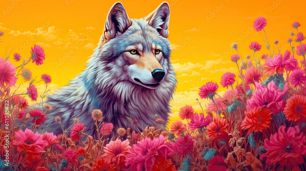 Wolf in field of wild flowers. Generative AI Wolf in field of wild flowers. Generative AI