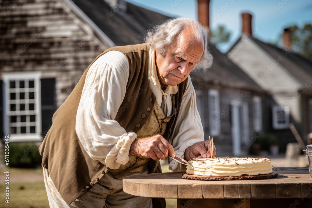 Full-length portrait photography of a satisfied old man making a cake against a historic colonial village background. With generative AI technology Full-length portrait photography of a satisfied old man making a cake against a historic colonial village background. With generative AI technology