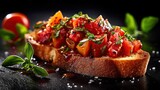 Tomato and basil bruschetta vegetarian meal on dark background. Generative AI