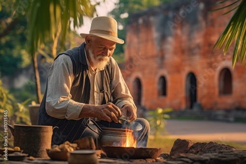 Lifestyle portrait photography of a satisfied old man cooking against a historic colonial village background. With generative AI technology