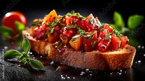 Tomato and basil bruschetta vegetarian meal on dark background. Generative AI photo