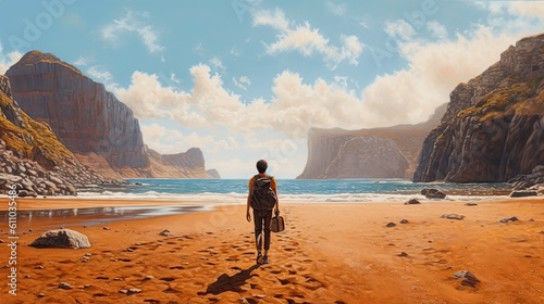 Man with backpack walking away alone at sandy beach in mountains. Generative AI