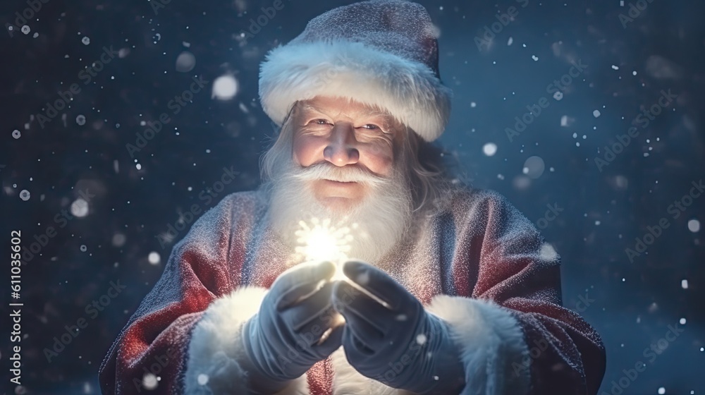 Santa Claus with magic gift in his hands. Portrait of happy Santa Claus making magic at night. Generative AI Santa Claus with magic gift in his hands. Portrait of happy Santa Claus making magic at night. Generative AI