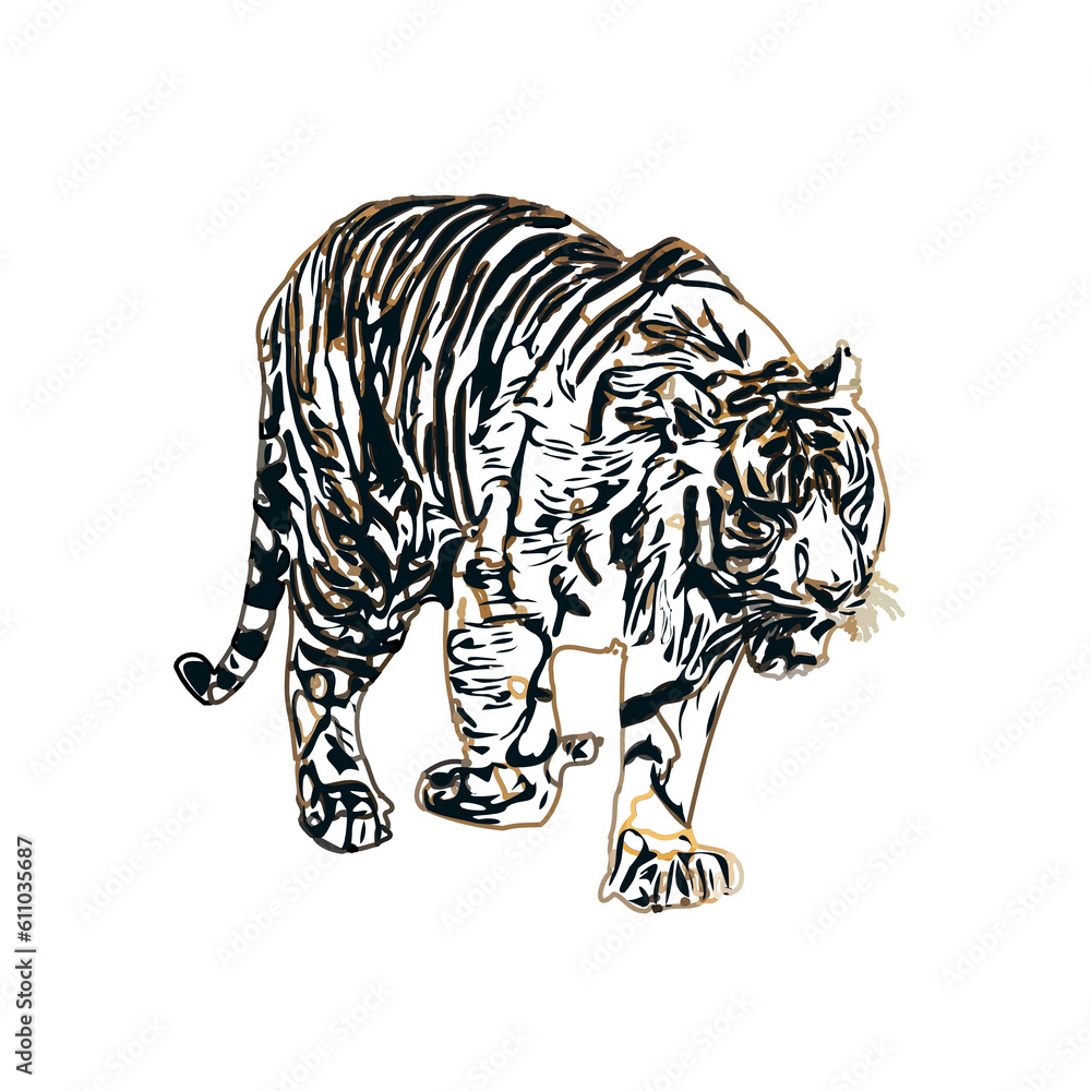 Fototapeta premium Color sketch of a striped tiger with transparent background
