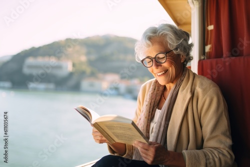 Medium shot portrait photography of a happy old woman reading a book against a scenic riverboat background. With generative AI technology