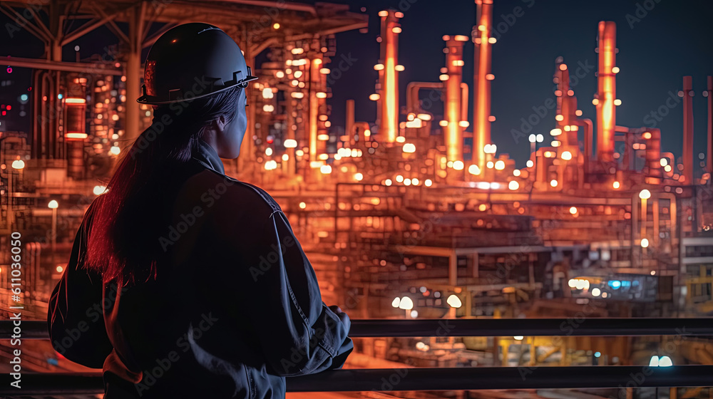 Backside of woman petrochemical engineer working at night with laptop Inside oil and gas refinery plant industry factory at night for inspector safety quality control, Generative AI Backside of woman petrochemical engineer working at night with laptop Inside oil and gas refinery plant industry factory at night for inspector safety quality control, Generative AI