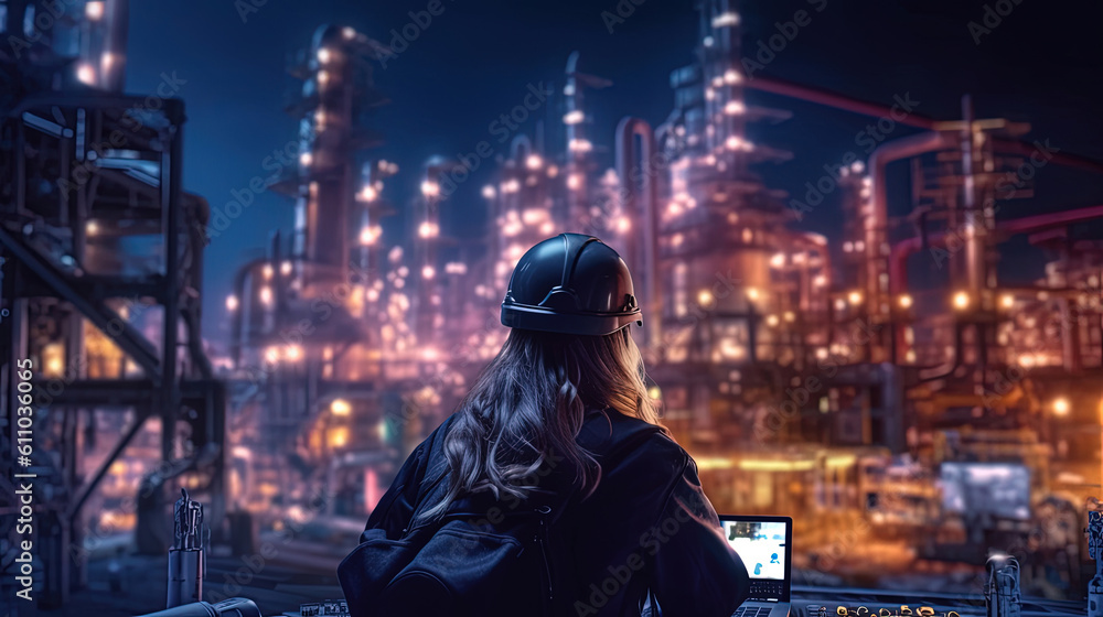 Backside of woman petrochemical engineer working at night with laptop Inside oil and gas refinery plant industry factory at night for inspector safety quality control, Generative AI