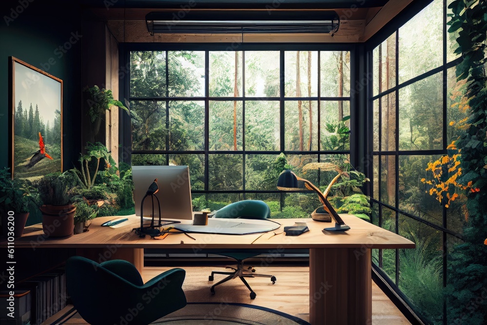 Fototapeta premium office with view of lush forest, with plants and birds in the background, created with generative ai