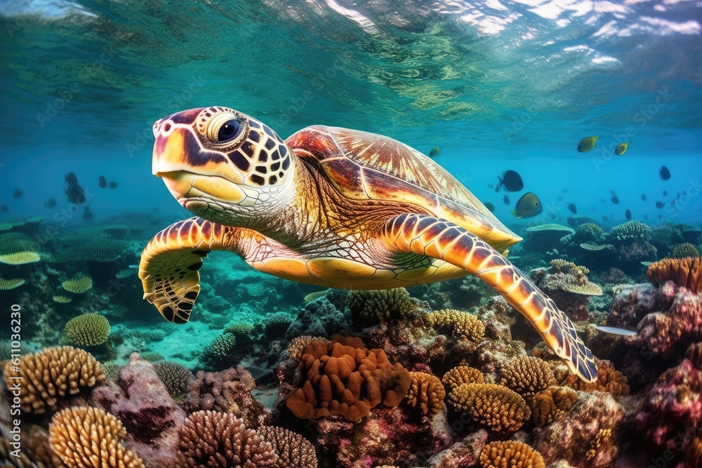 Under water sea turtle. Diving scene of turtle undersea. Generative AI Under water sea turtle. Diving scene of turtle undersea. Generative AI
