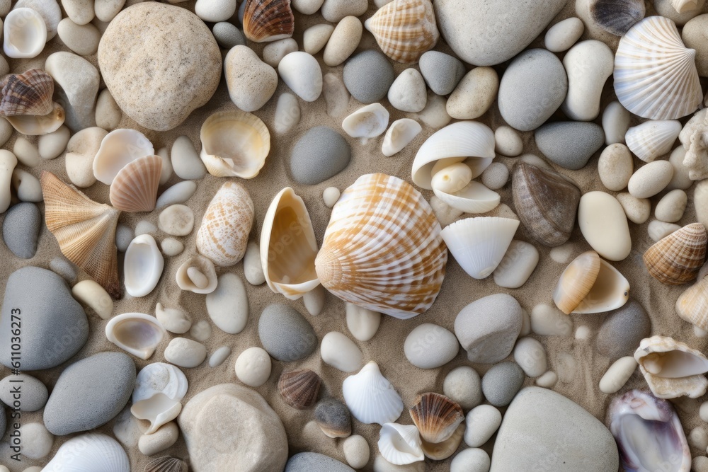 Sea shells and pebbles on the sand. Generated AI