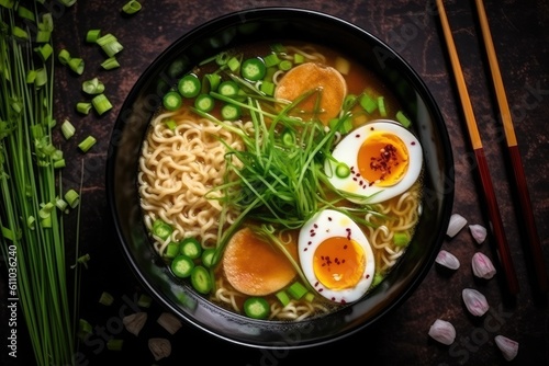 Ramen in a bowl top view. Ramen soup with egg and green onions. Generative AI