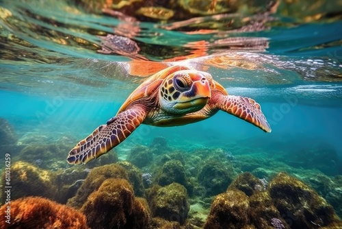 Under water sea turtle. Diving scene of turtle undersea. Generative AI