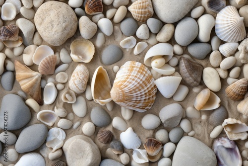 Sea shells and pebbles on the sand. Generated AI