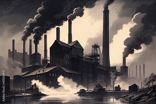 pulp and paper mill, with towering boilers and flaming furnaces visible through the smoke, created with generative ai