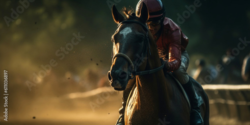 Horse races, jockey on horseback approaching the finish line, wide poster design with copy space area, generative ai