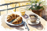 Croissants with coffee, watercolor, Generative AI