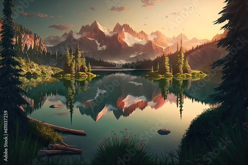 pristine lake surrounded by lush green foliage and majestic mountains in the sunset  created with generative ai