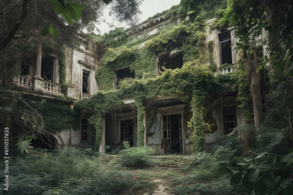 a once-grand mansion, now broken and overgrown with vines, created with generative ai a once-grand mansion, now broken and overgrown with vines, created with generative ai