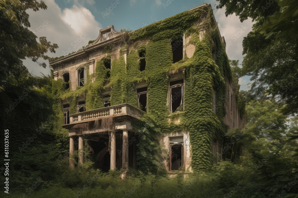a once-grand mansion, now broken and overgrown with vines, created with generative ai