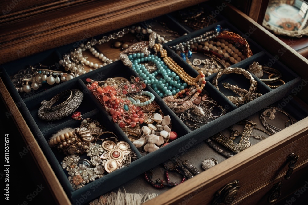 a jewelry box overflowing with bracelets, necklaces and rings, created with generative ai a jewelry box overflowing with bracelets, necklaces and rings, created with generative ai