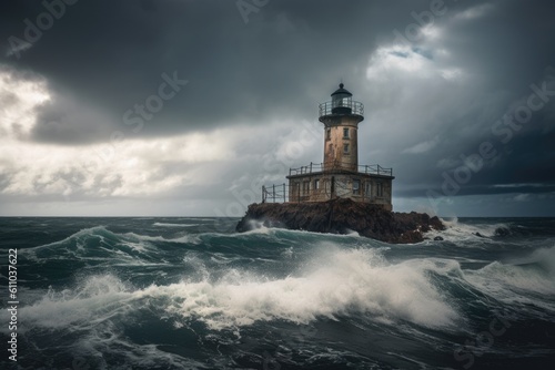 abandoned lighthouse, with waves crashing against its base, and stormy skies above, created with generative ai