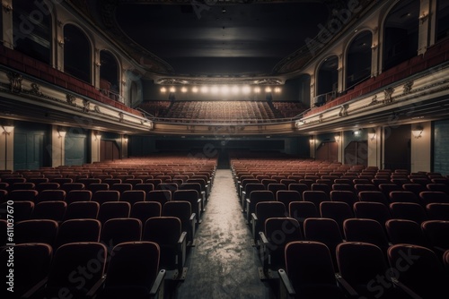 a deserted theater, with a spotlight shining on the stage and rows of seats in the audience, created with generative ai © altitudevisual