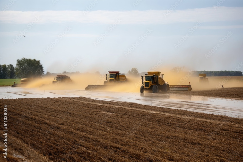 Fototapeta premium runoff from a crop field during the harvest season, with combines and trucks in the background, created with generative ai