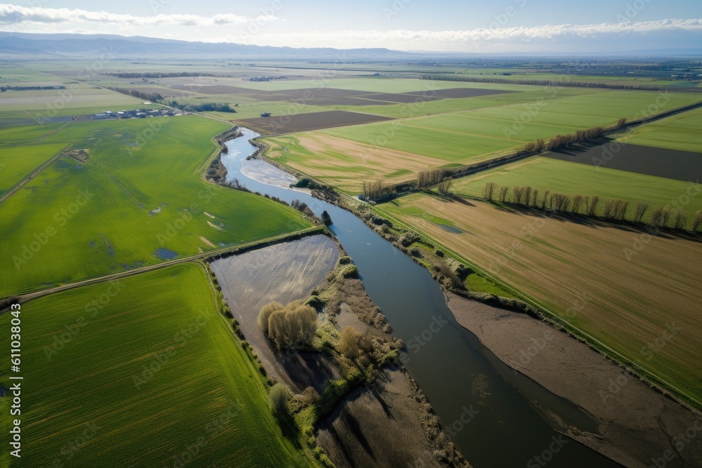 aerial view of farm field, with water runoff flowing into nearby river, created with generative ai