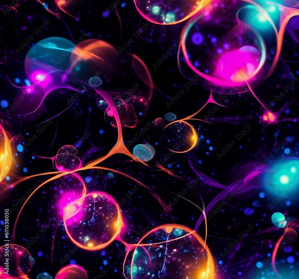 Soap bubbles with rainbow reflections on a dark background 3D rendering