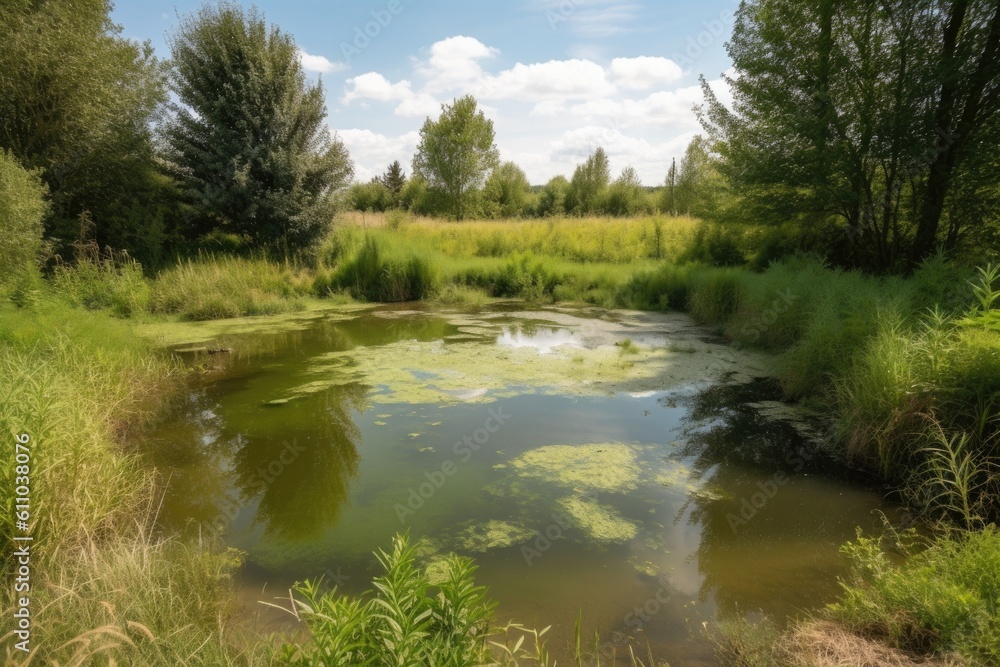 Fototapeta premium farm pond surrounded by lush greenery, with runoff visible in the water, created with generative ai