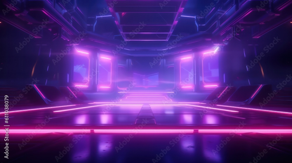 Empty purple neon light stadium background for E-sport game battle. Generative AI.