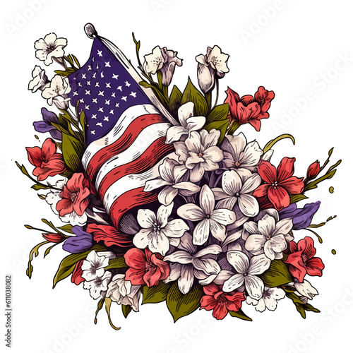Capture the essence of 4th of July with this striking image featuring the USA flag and vibrant flowers. This captivating composition blends patriotism and natural beauty, showcasing the American spiri