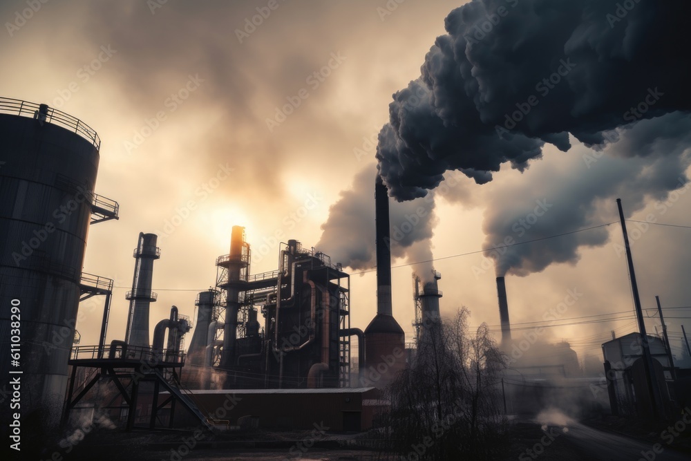 industrial processes that emit harmful smoke, chemical and gas pollutants into the air, created with generative ai