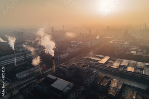 factory, with smoke and haze rising from its chimneys, contributing to air pollution, created with generative ai