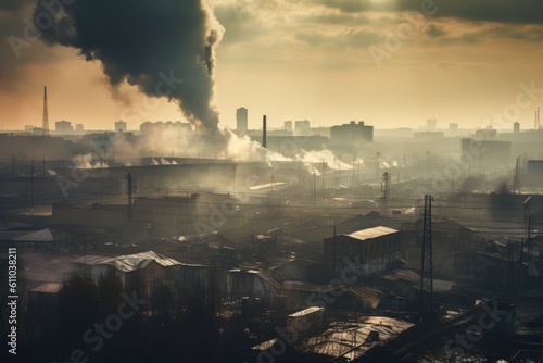 factory, with smoke and haze rising from its chimneys, in polluted cityscape, created with generative ai
