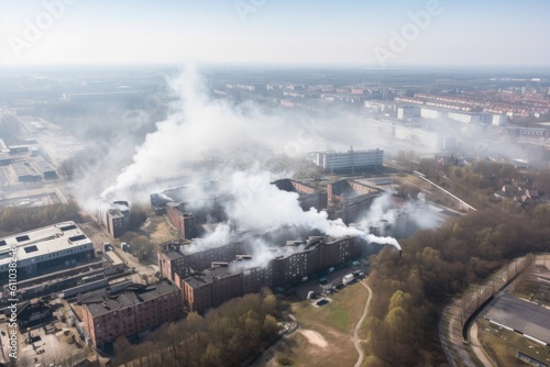 industrial park  with smoke and steam rising from its factories  created with generative ai