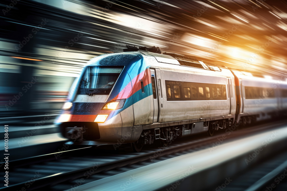Fototapeta premium High-speed train in movement with motion blur, AI Generated