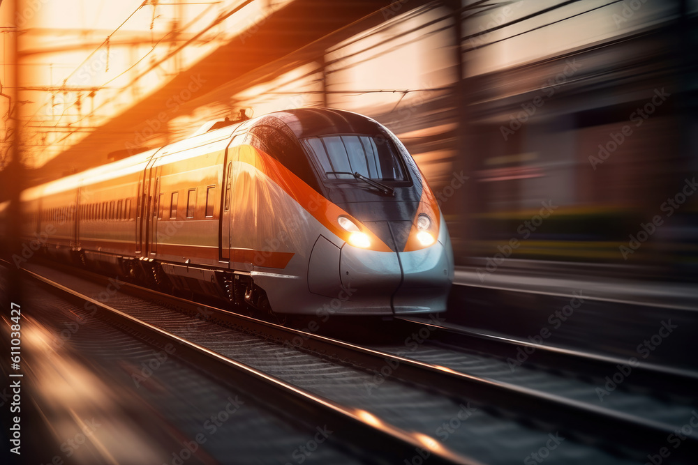 Naklejka premium High-speed train in movement with motion blur, AI Generated