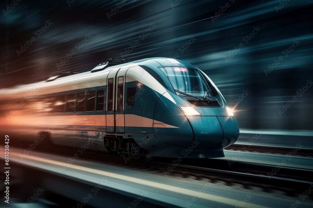 Fototapeta premium High-speed train in movement with motion blur, AI Generated