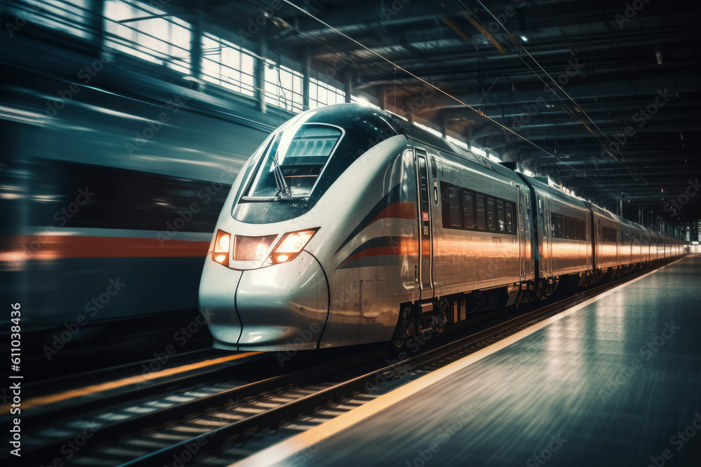 Naklejka premium High-speed train in movement with motion blur, AI Generated